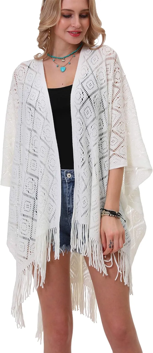 Knit Shawl Wrap for Women - Soul Young Ladies Fringe Knitted Poncho Cardigan Cape