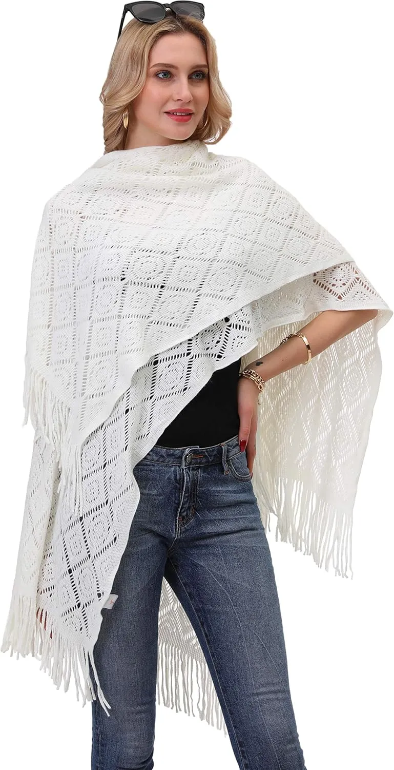 Knit Shawl Wrap for Women - Soul Young Ladies Fringe Knitted Poncho Cardigan Cape