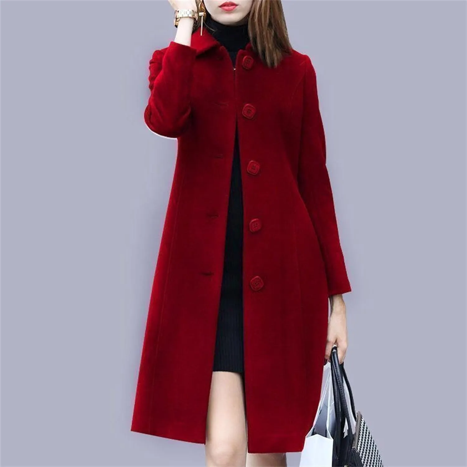 Maiyifu-GJ Women's Elegant Single Breasted Long Wool Blend Overcoat Fall Winter Lapel Trench Coat Jackets Casual Coats