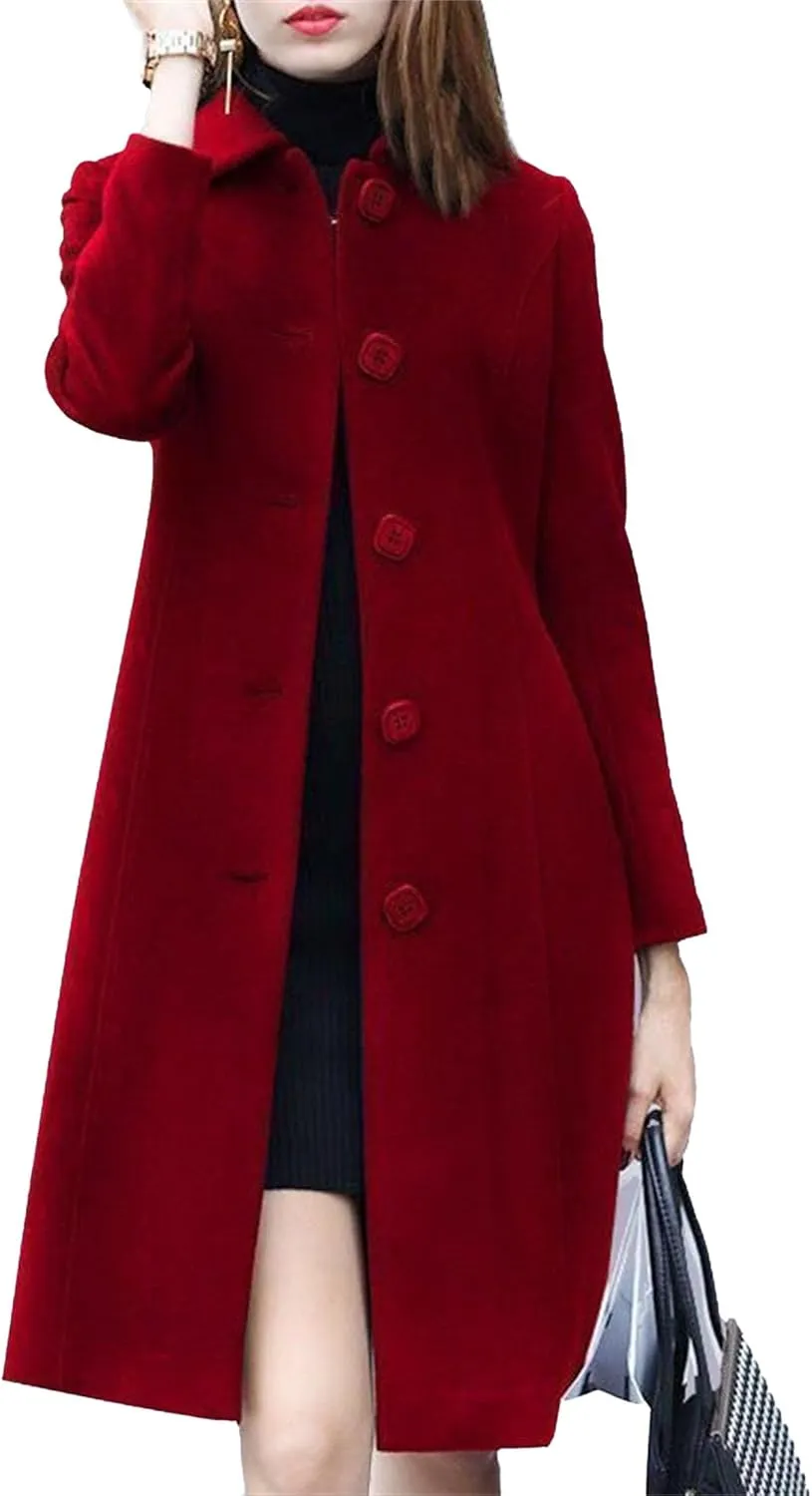 Maiyifu-GJ Women's Elegant Single Breasted Long Wool Blend Overcoat Fall Winter Lapel Trench Coat Jackets Casual Coats