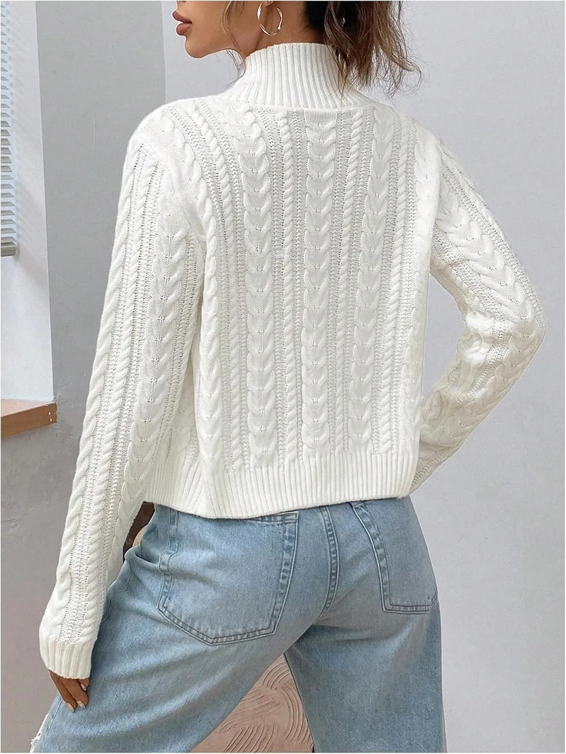 MakeMeChic Women's Cable Knit Mock Neck Zipper Crop Top Long Sleeve Lightweight Cardigan Sweater