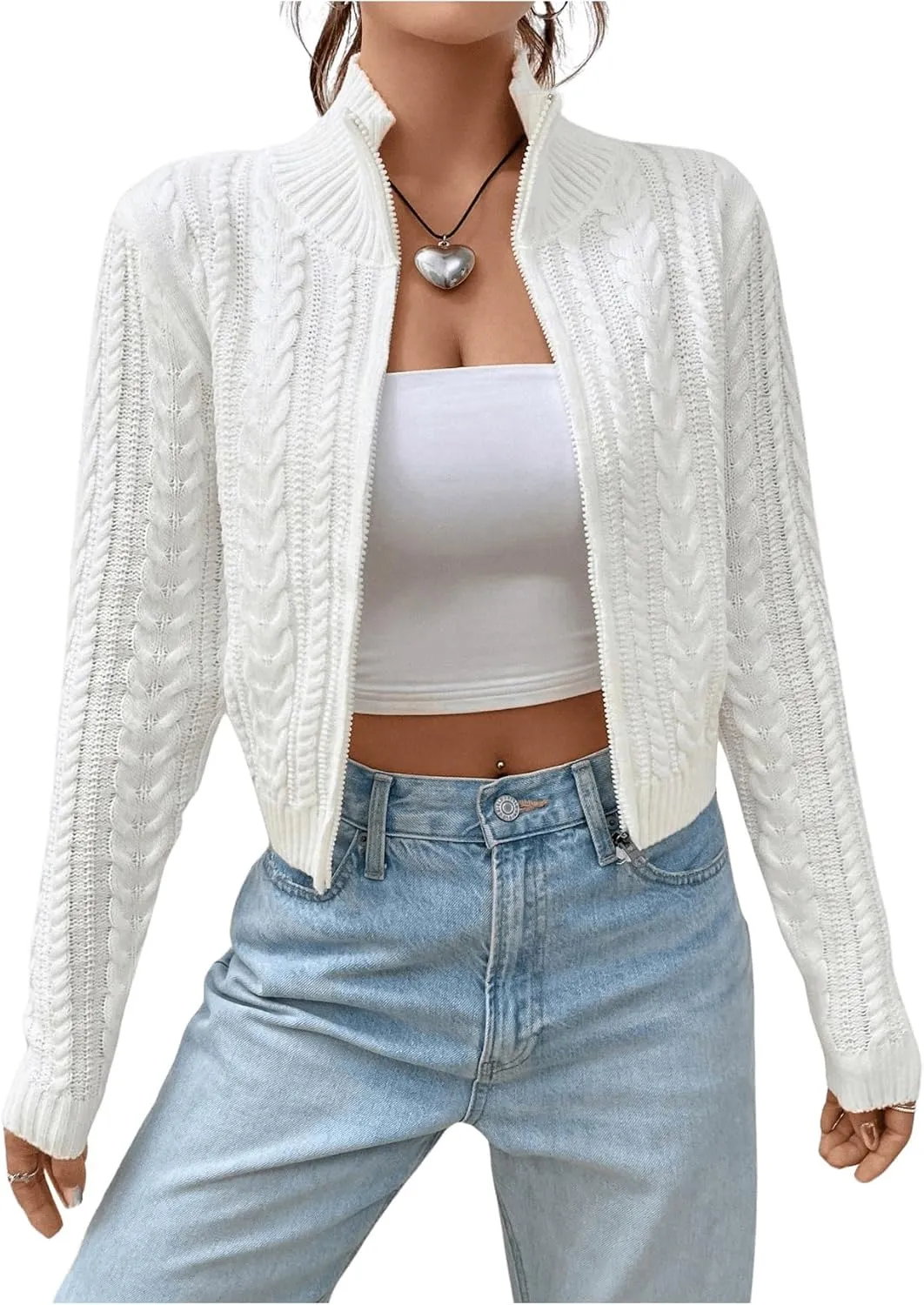 MakeMeChic Women's Cable Knit Mock Neck Zipper Crop Top Long Sleeve Lightweight Cardigan Sweater