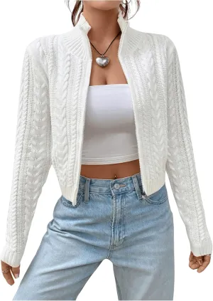 MakeMeChic Women's Cable Knit Mock Neck Zipper Crop Top Long Sleeve Lightweight Cardigan Sweater