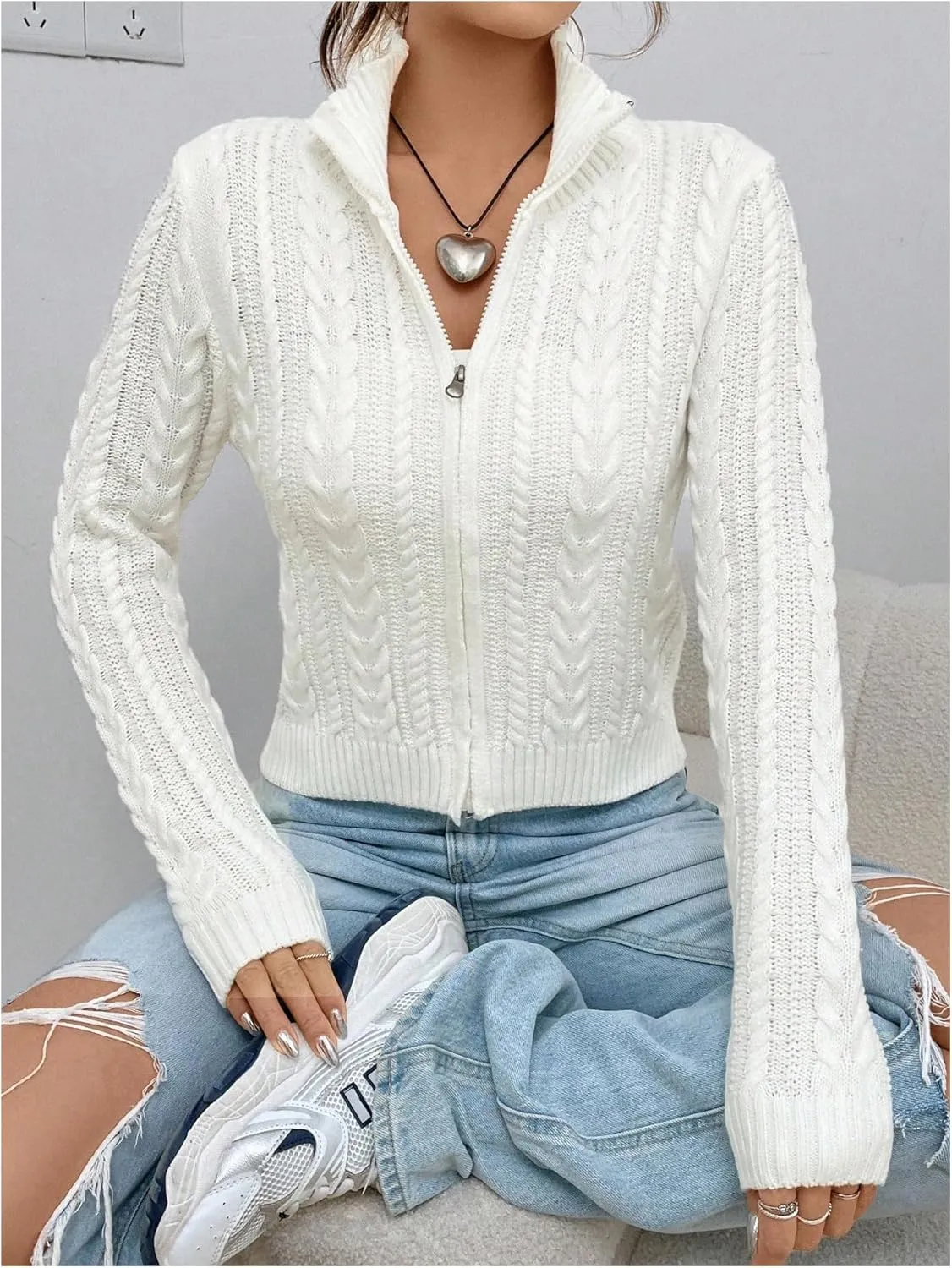 MakeMeChic Women's Cable Knit Mock Neck Zipper Crop Top Long Sleeve Lightweight Cardigan Sweater