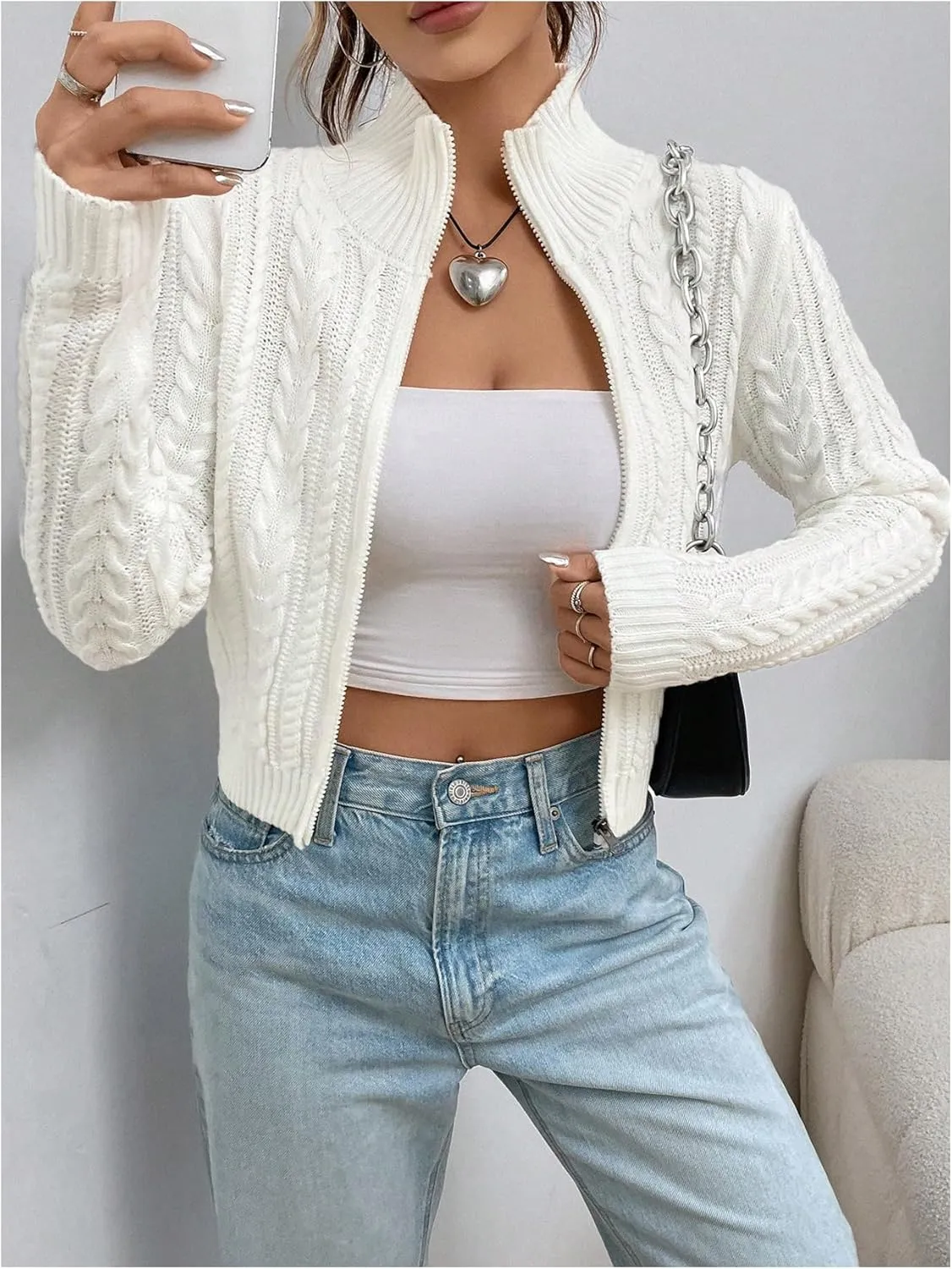 MakeMeChic Women's Cable Knit Mock Neck Zipper Crop Top Long Sleeve Lightweight Cardigan Sweater