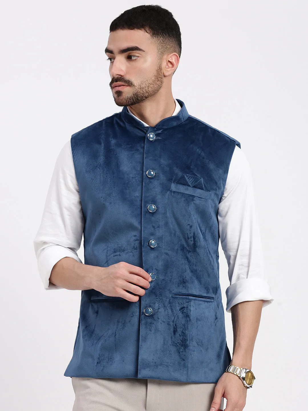 Men Solid Navy Blue Nehru Jacket