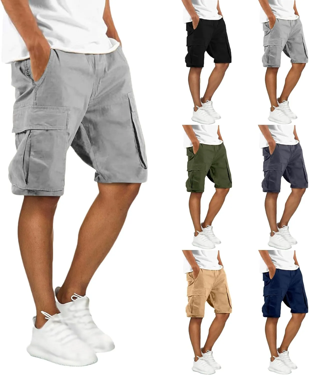Men's Cargo Shorts Elastic Waist Tactical Shorts Solid Stretchy Jogging Pants Lightweight Straight Pants with Pockets