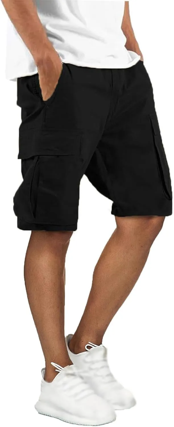 Men's Cargo Shorts Elastic Waist Tactical Shorts Solid Stretchy Jogging Pants Lightweight Straight Pants with Pockets