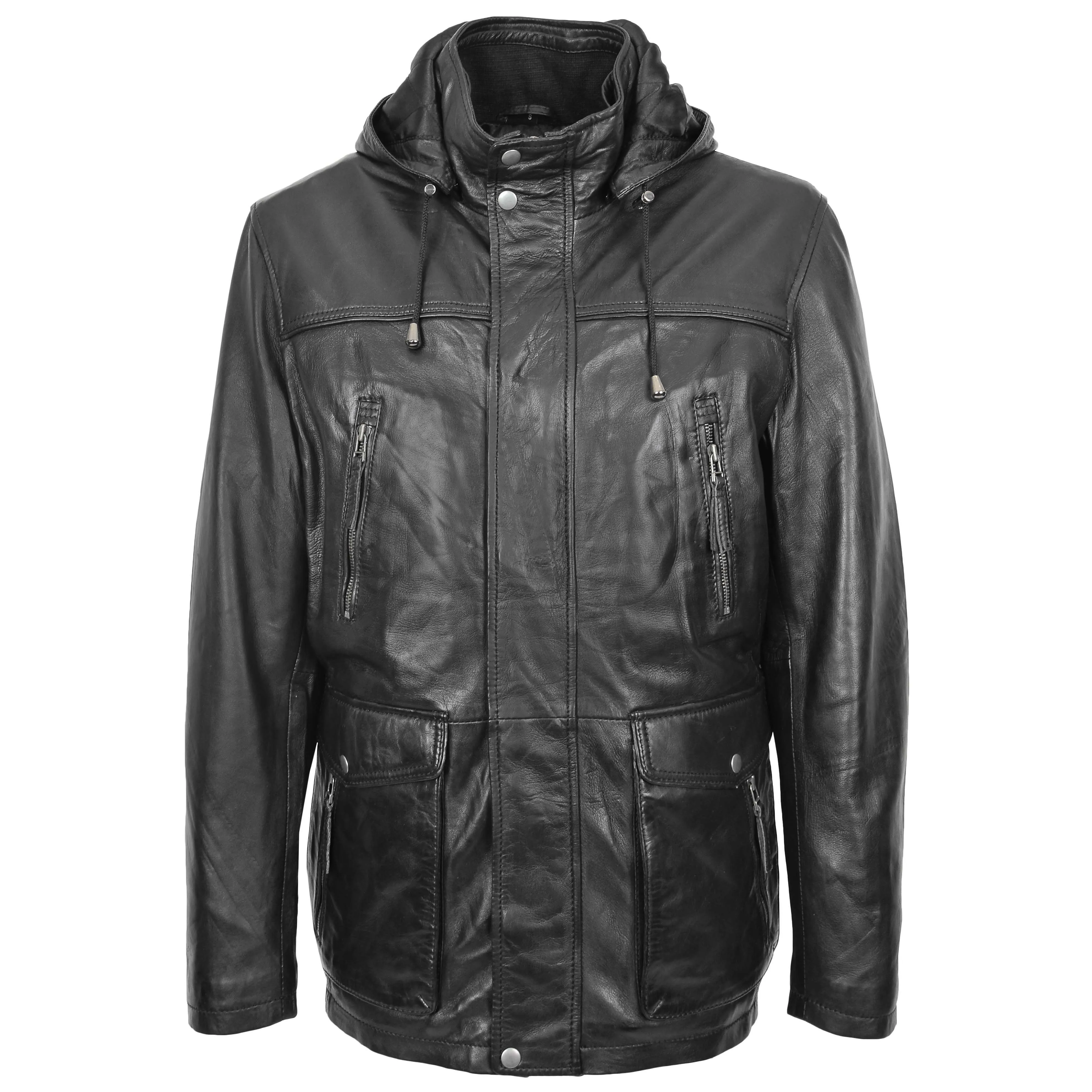 Men's Real Leather Classic Parka Detachable Hoodie Black Elias