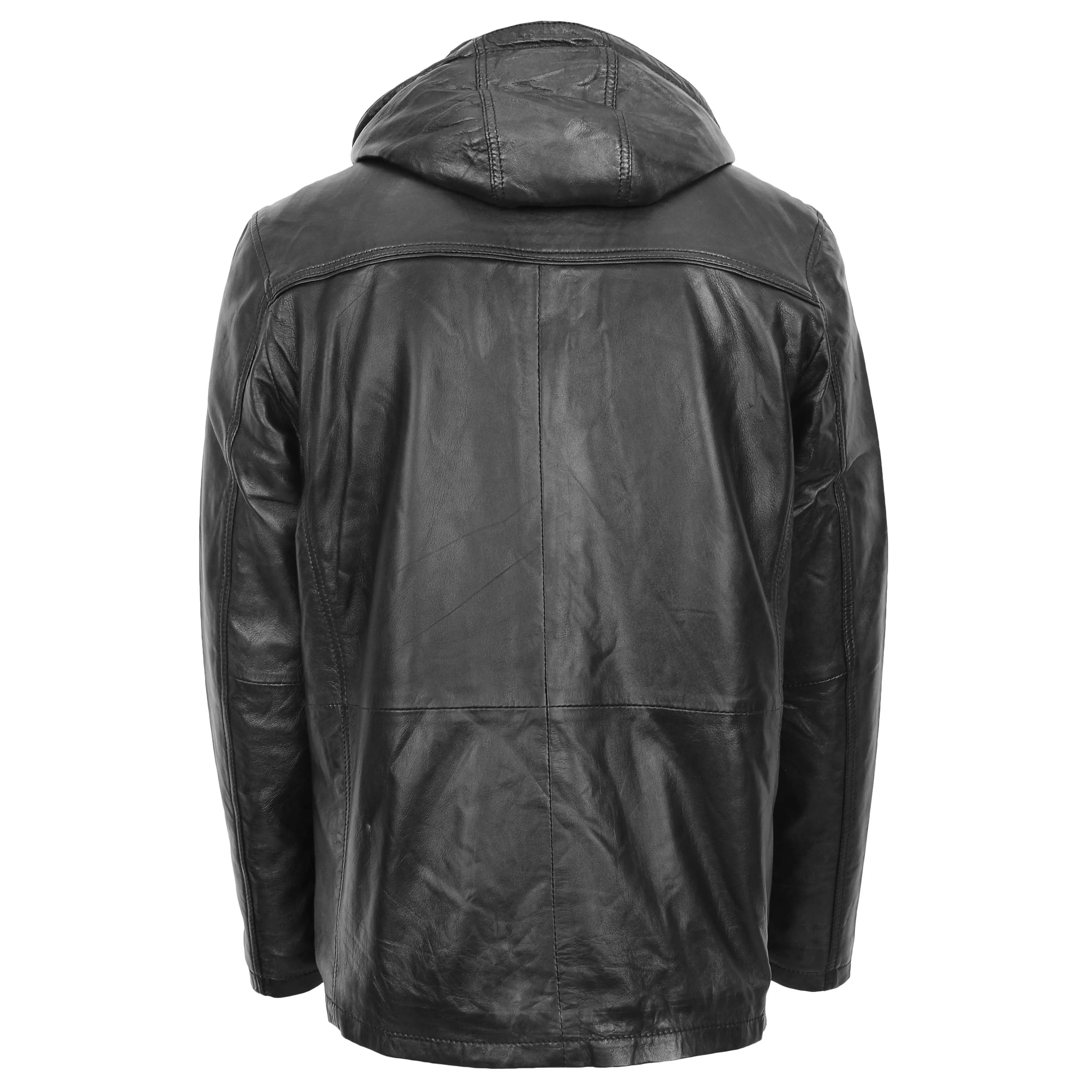 Men's Real Leather Classic Parka Detachable Hoodie Black Elias
