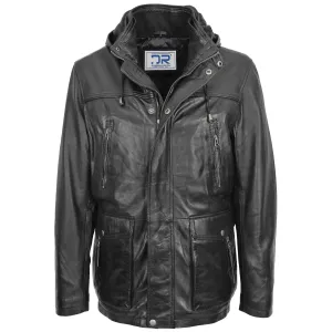 Men's Real Leather Classic Parka Detachable Hoodie Black Elias