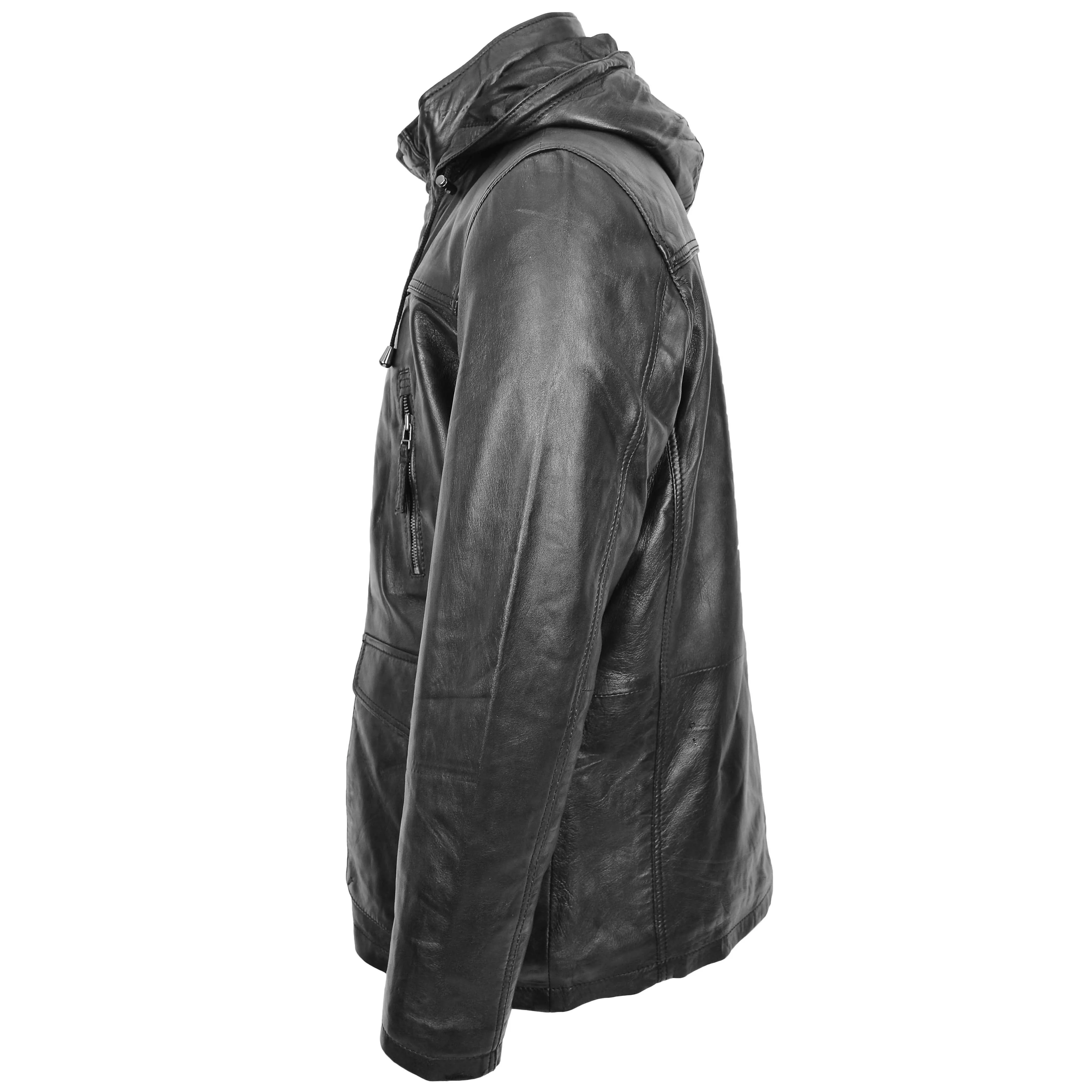 Men's Real Leather Classic Parka Detachable Hoodie Black Elias