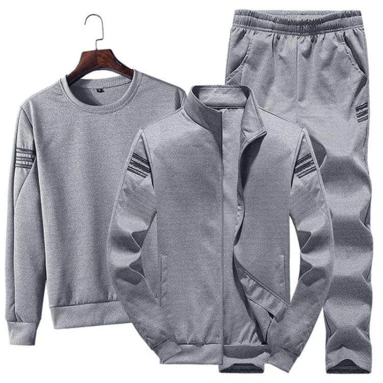 Men's Stylish 3-Piece Velvet Autumn Sports Outfit: Round Neck Shirt, Chic Cardigan, and Comfortable Trousers