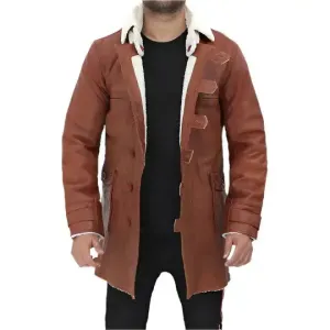 Men's Tan Bane Shearling Leather Trench Coat - Warm & Stylish