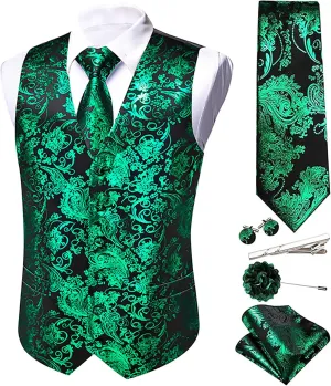 Mens Vest Tie Set Shiny Paisley V-neck Floral Waistcoat Necktie Hanky Pin Clip Cufflinks Tuxedo Casual Disco Party