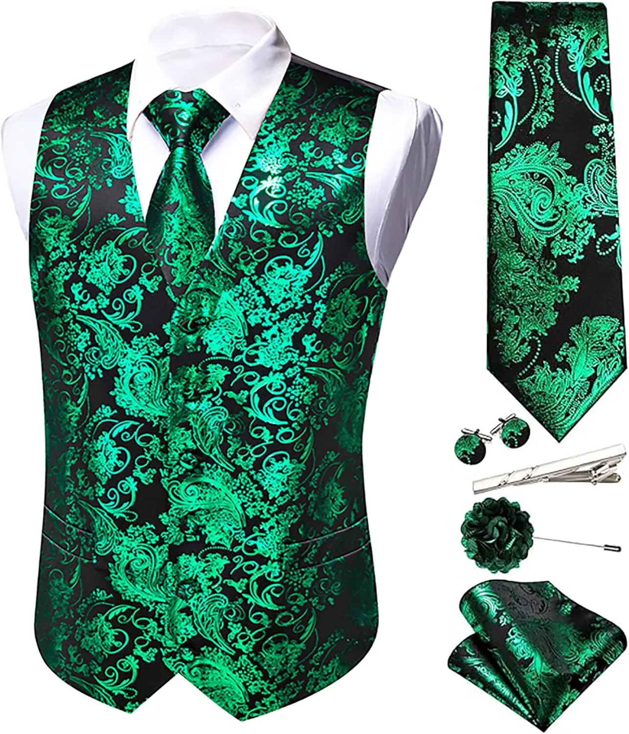 Mens Vest Tie Set Shiny Paisley V-neck Floral Waistcoat Necktie Hanky Pin Clip Cufflinks Tuxedo Casual Disco Party