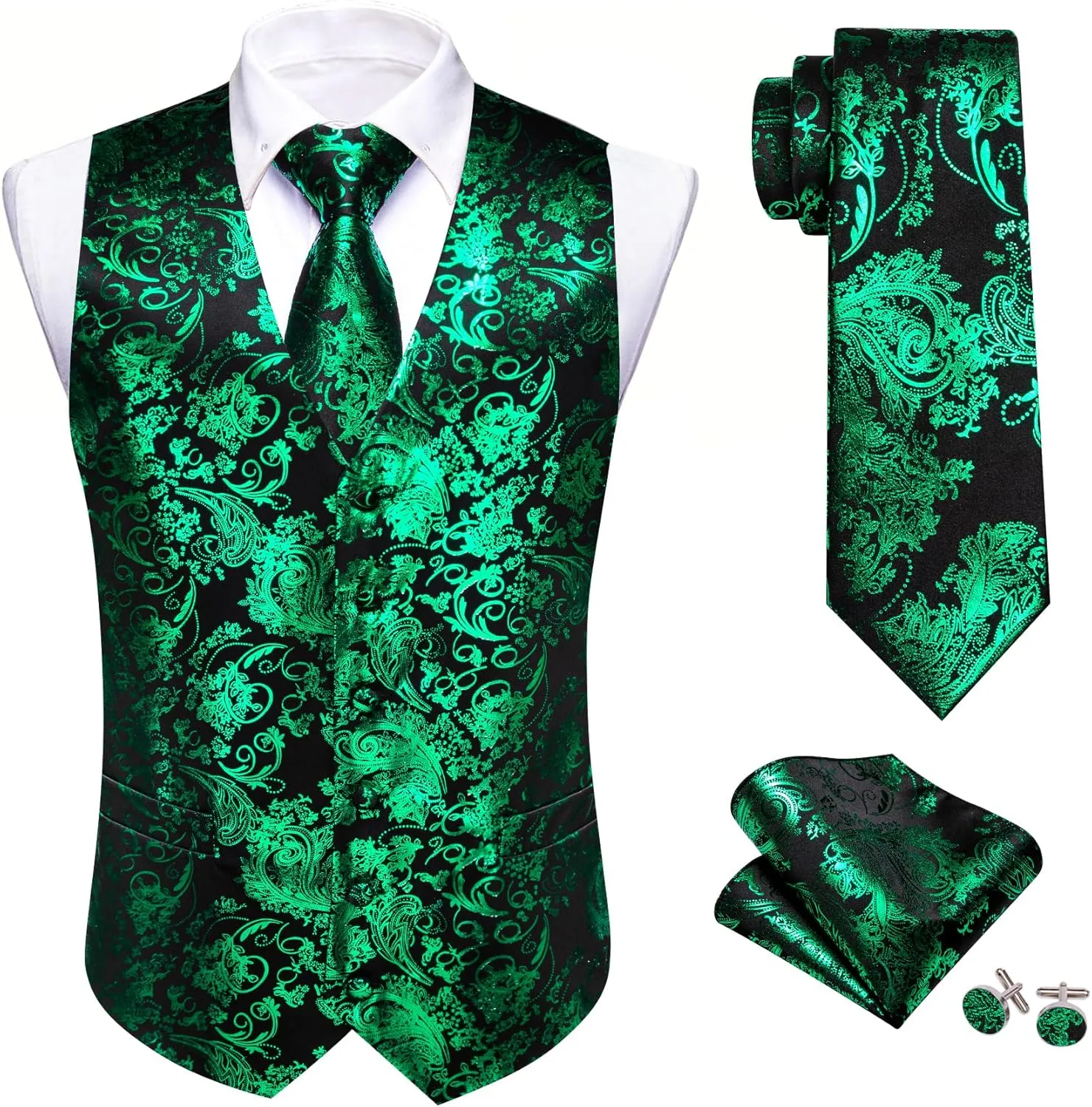 Mens Vest Tie Set Shiny Paisley V-neck Floral Waistcoat Necktie Hanky Pin Clip Cufflinks Tuxedo Casual Disco Party