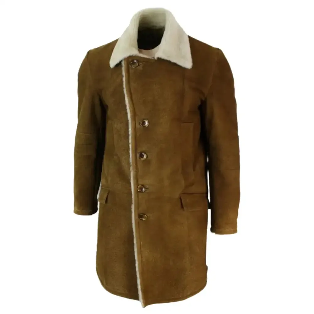 Men's Vintage Tan Brown Shearling Sheepskin Overcoat - Classic Warmth
