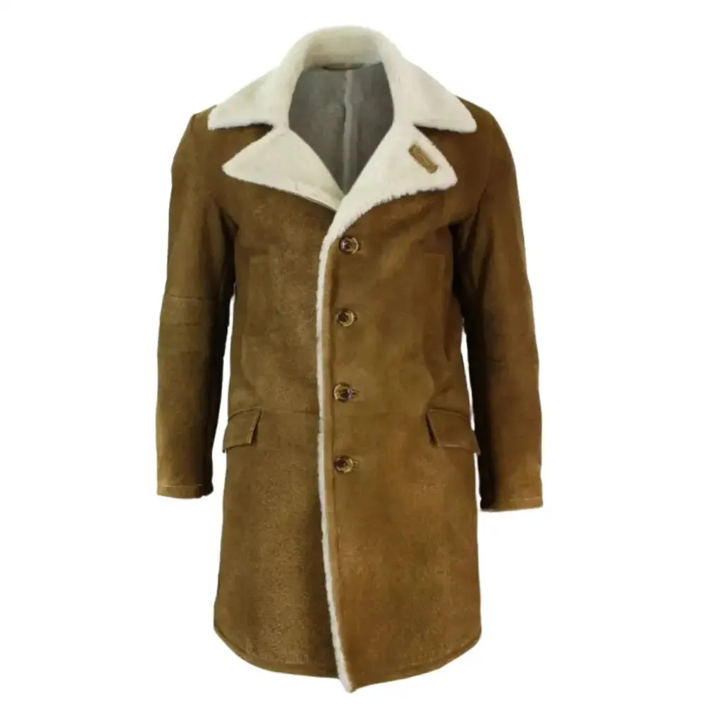 Men's Vintage Tan Brown Shearling Sheepskin Overcoat - Classic Warmth