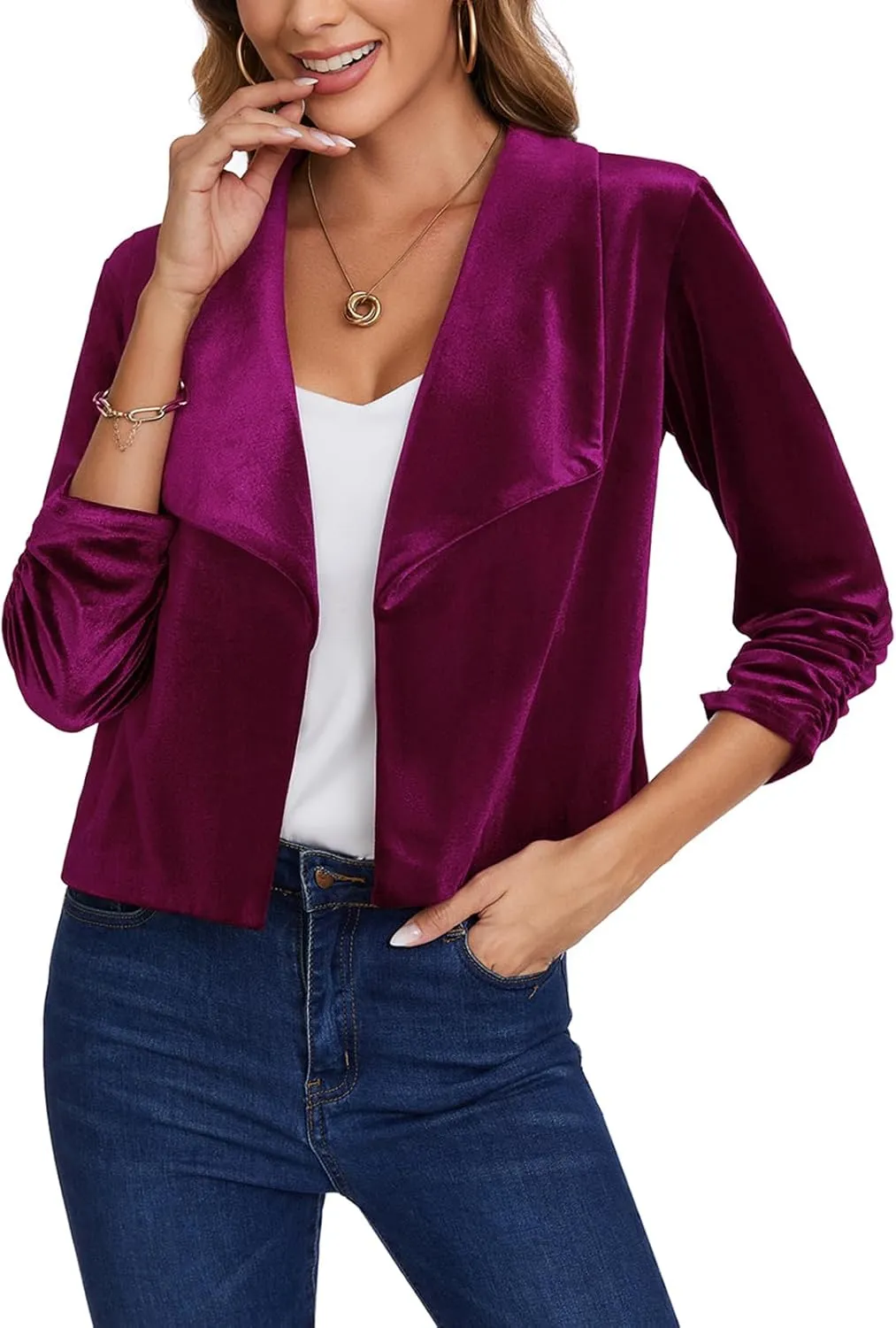 MINTLIMIT Women's Casual Velvet Blazer Jackets 3/4 Ruched Sleeve Shawl Collar Draped Open Front Fall Velvet Blazers