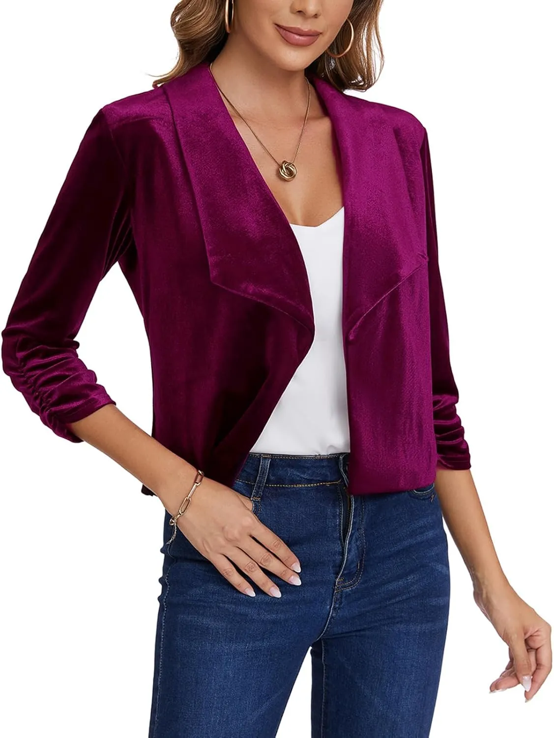 MINTLIMIT Women's Casual Velvet Blazer Jackets 3/4 Ruched Sleeve Shawl Collar Draped Open Front Fall Velvet Blazers