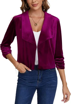 MINTLIMIT Women's Casual Velvet Blazer Jackets 3/4 Ruched Sleeve Shawl Collar Draped Open Front Fall Velvet Blazers