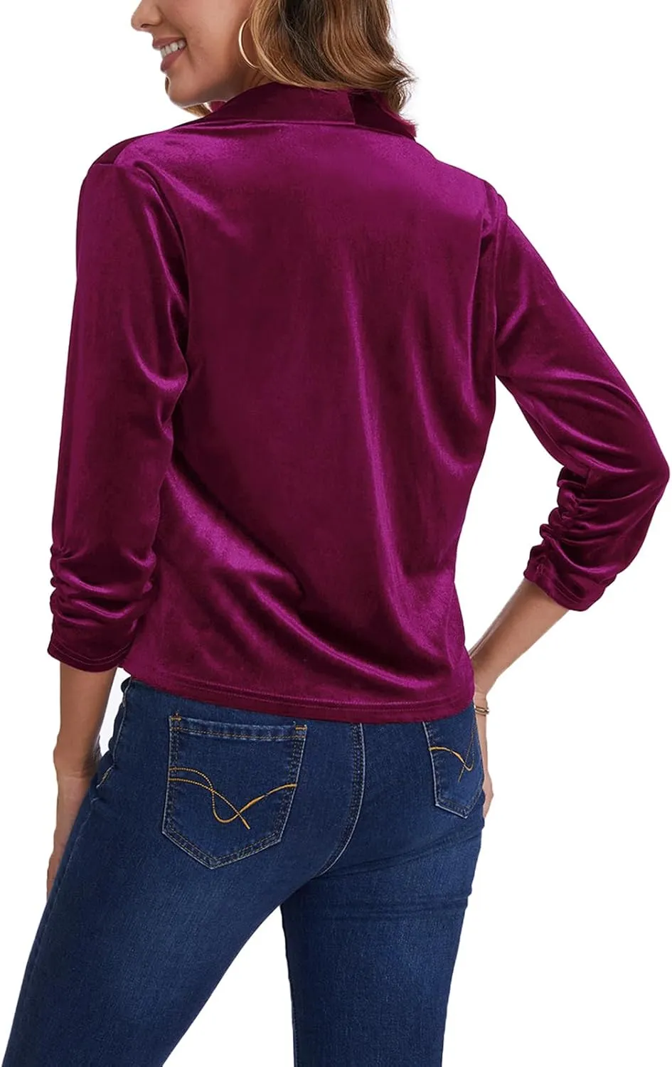 MINTLIMIT Women's Casual Velvet Blazer Jackets 3/4 Ruched Sleeve Shawl Collar Draped Open Front Fall Velvet Blazers