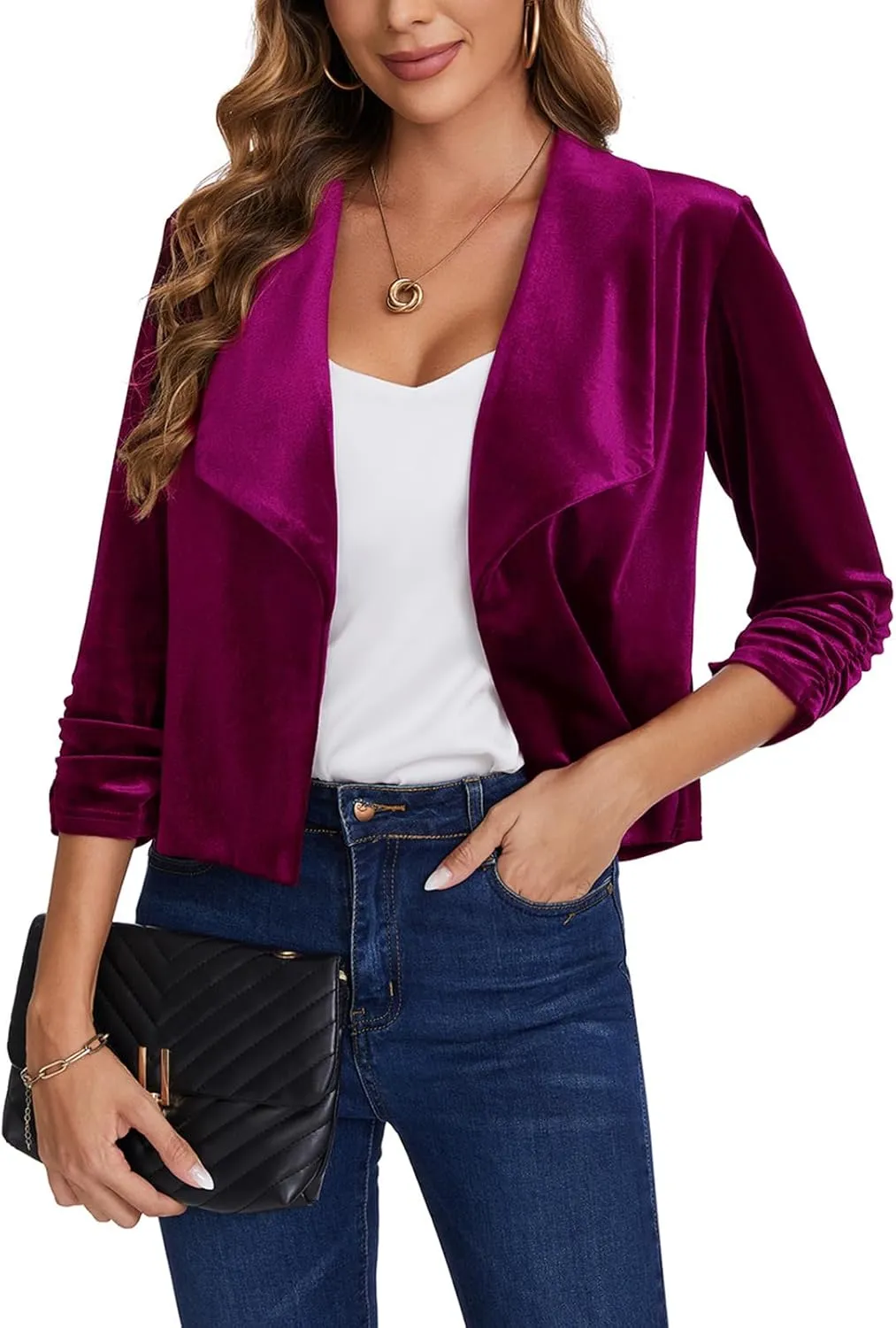 MINTLIMIT Women's Casual Velvet Blazer Jackets 3/4 Ruched Sleeve Shawl Collar Draped Open Front Fall Velvet Blazers