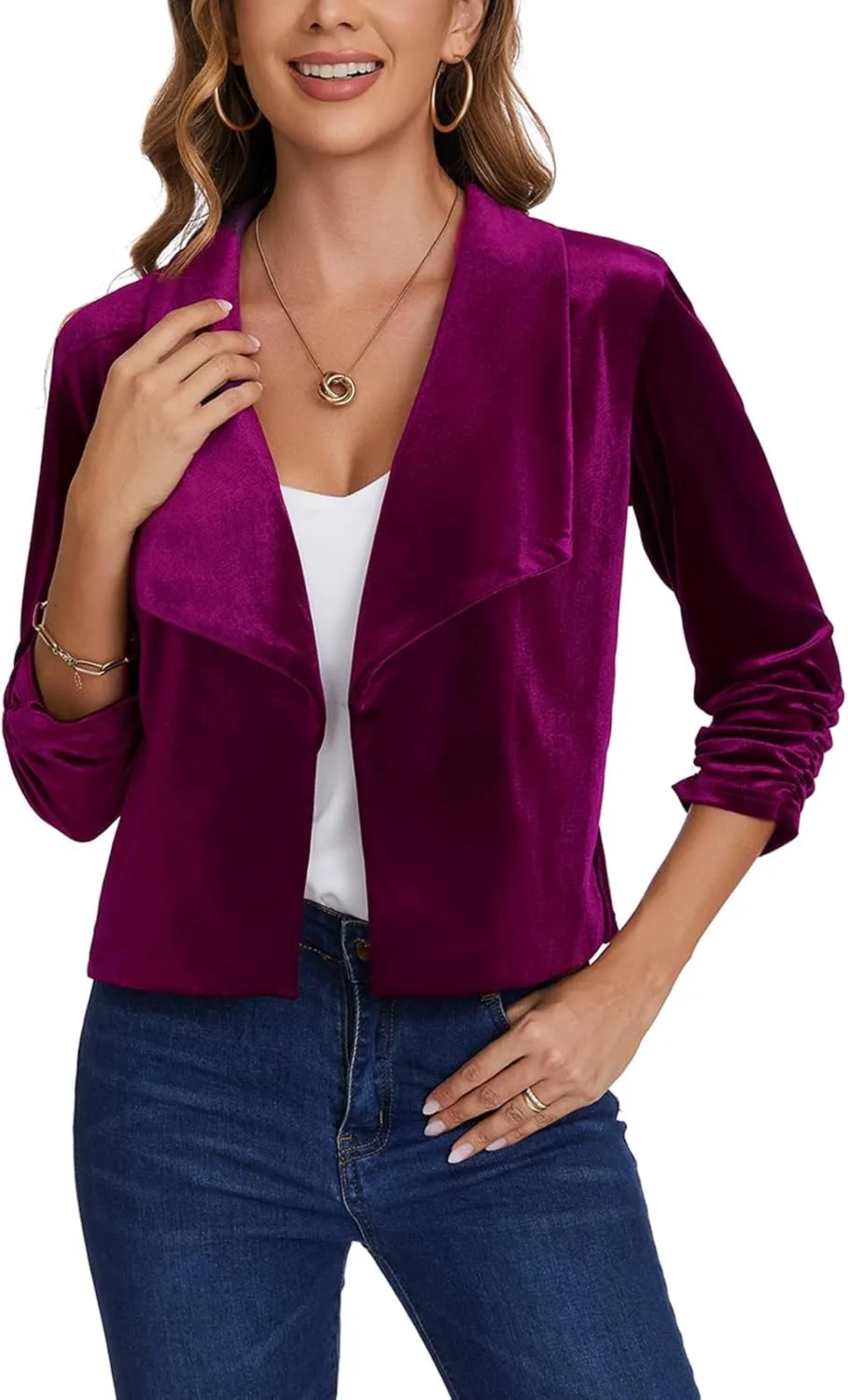 MINTLIMIT Women's Casual Velvet Blazer Jackets 3/4 Ruched Sleeve Shawl Collar Draped Open Front Fall Velvet Blazers