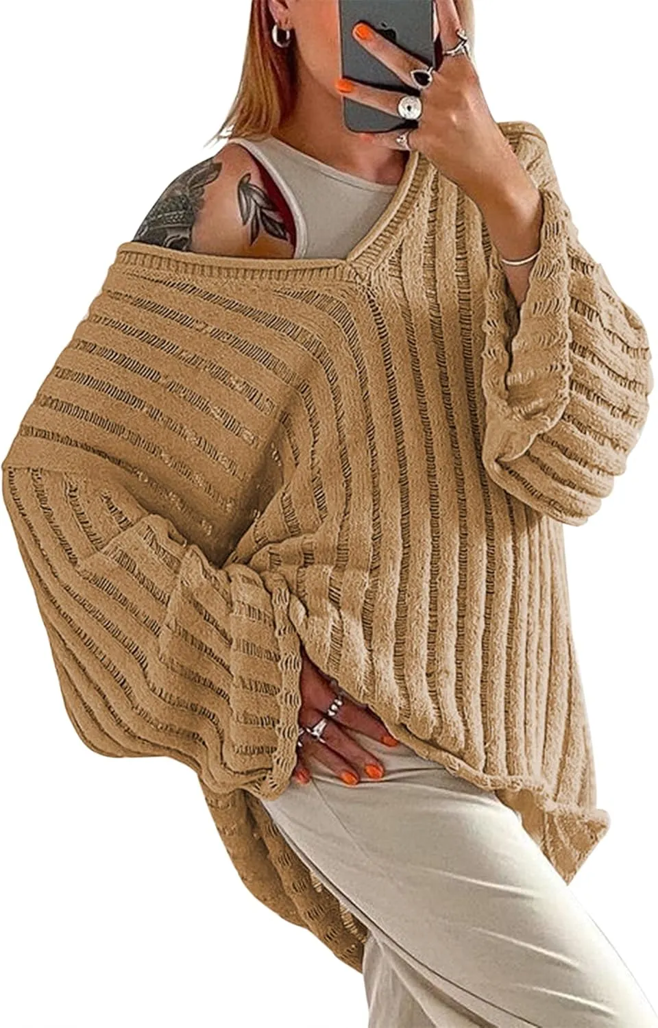 MISSACTIVER Womens Oversized Long Sleeve Sweater Sexy V Neck Off Shoulder Knit Solid Drop Shoulder Shirt Pullover Sweaters