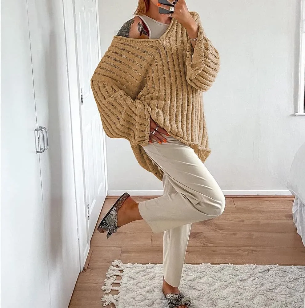 MISSACTIVER Womens Oversized Long Sleeve Sweater Sexy V Neck Off Shoulder Knit Solid Drop Shoulder Shirt Pullover Sweaters