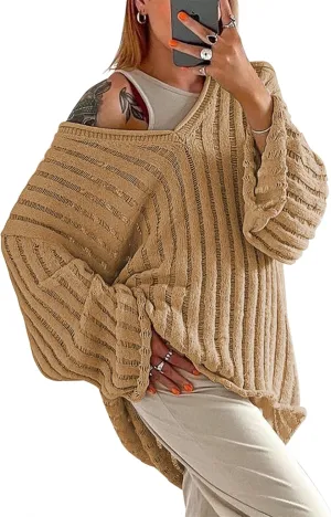 MISSACTIVER Womens Oversized Long Sleeve Sweater Sexy V Neck Off Shoulder Knit Solid Drop Shoulder Shirt Pullover Sweaters