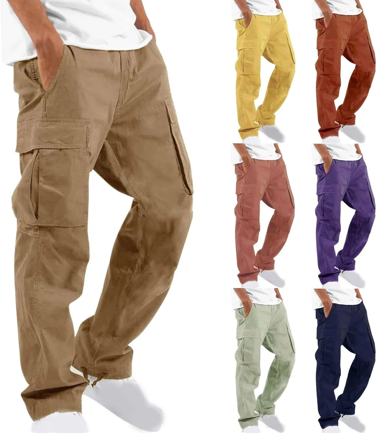 Muscularfit Cargo Pants for Men Big and Tall Elastic Waist Cotton Sweatpants Causal Solid Multi Pockets Joggers Athletic Pant