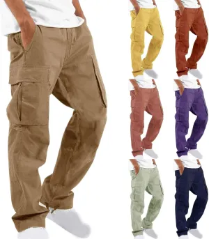 Muscularfit Cargo Pants for Men Big and Tall Elastic Waist Cotton Sweatpants Causal Solid Multi Pockets Joggers Athletic Pant