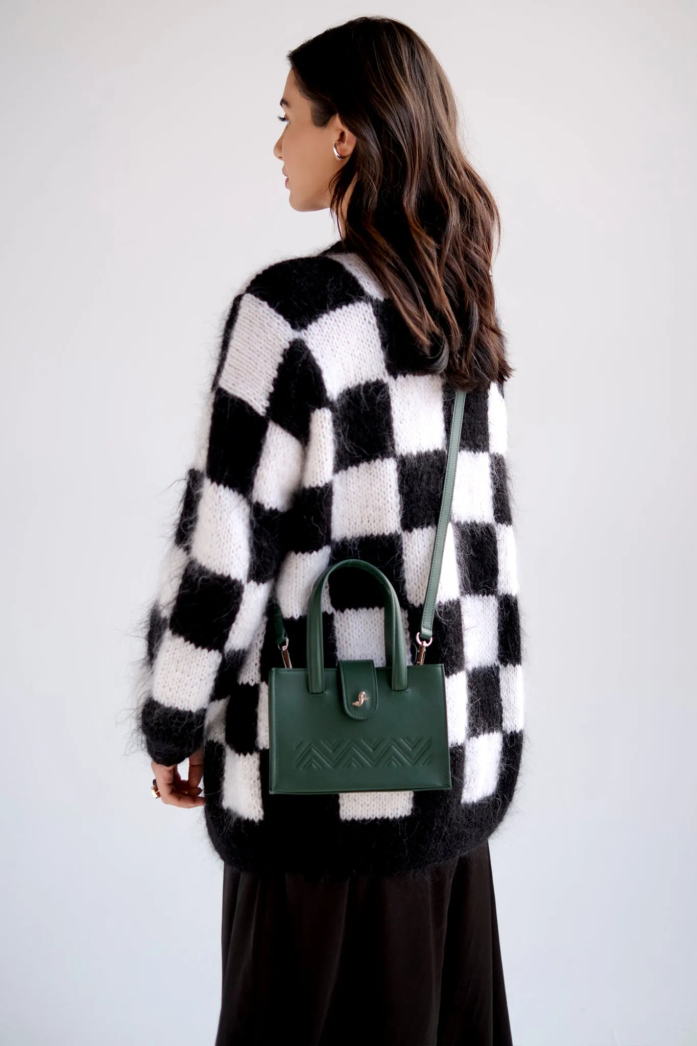 Oversized angora wool chess cardigan in black and white