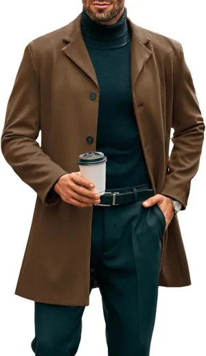 PASLTER Mens Mid Long Trench Coat Slim Fit Winter Pea Coat Single Breasted Business Overcoat