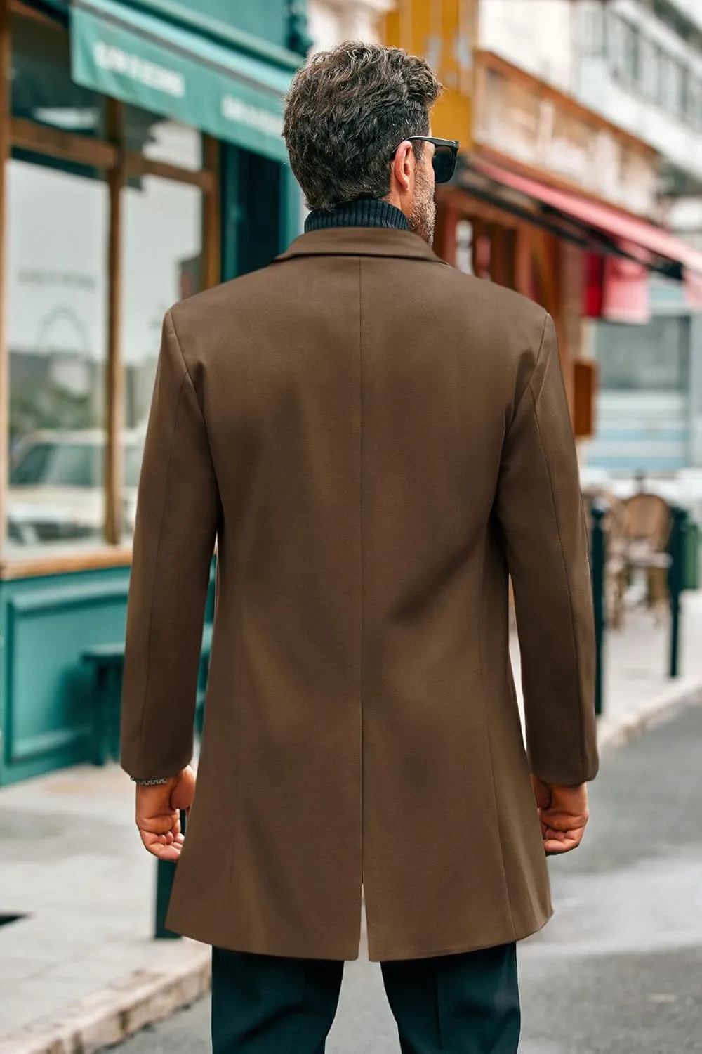 PASLTER Mens Mid Long Trench Coat Slim Fit Winter Pea Coat Single Breasted Business Overcoat