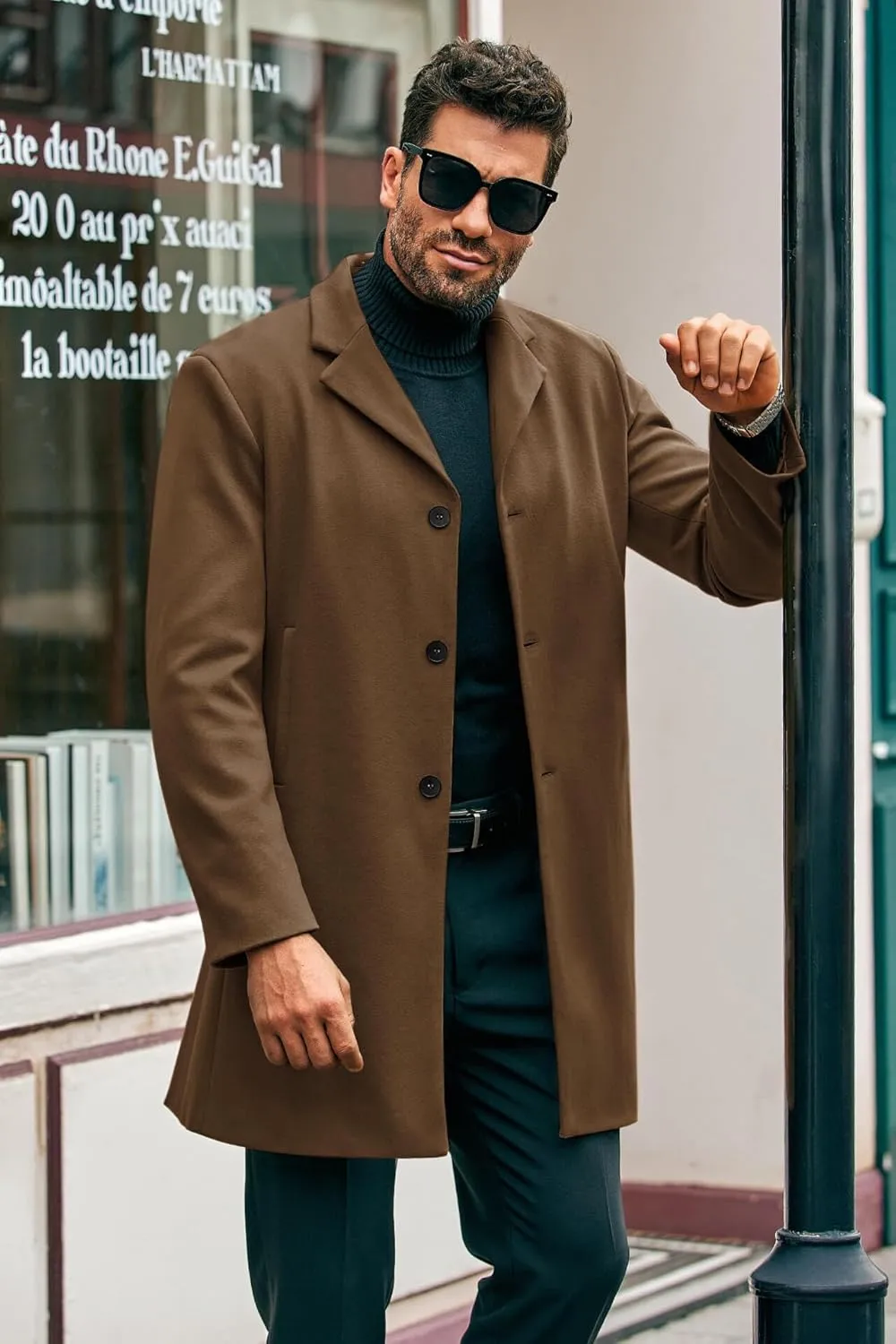 PASLTER Mens Mid Long Trench Coat Slim Fit Winter Pea Coat Single Breasted Business Overcoat