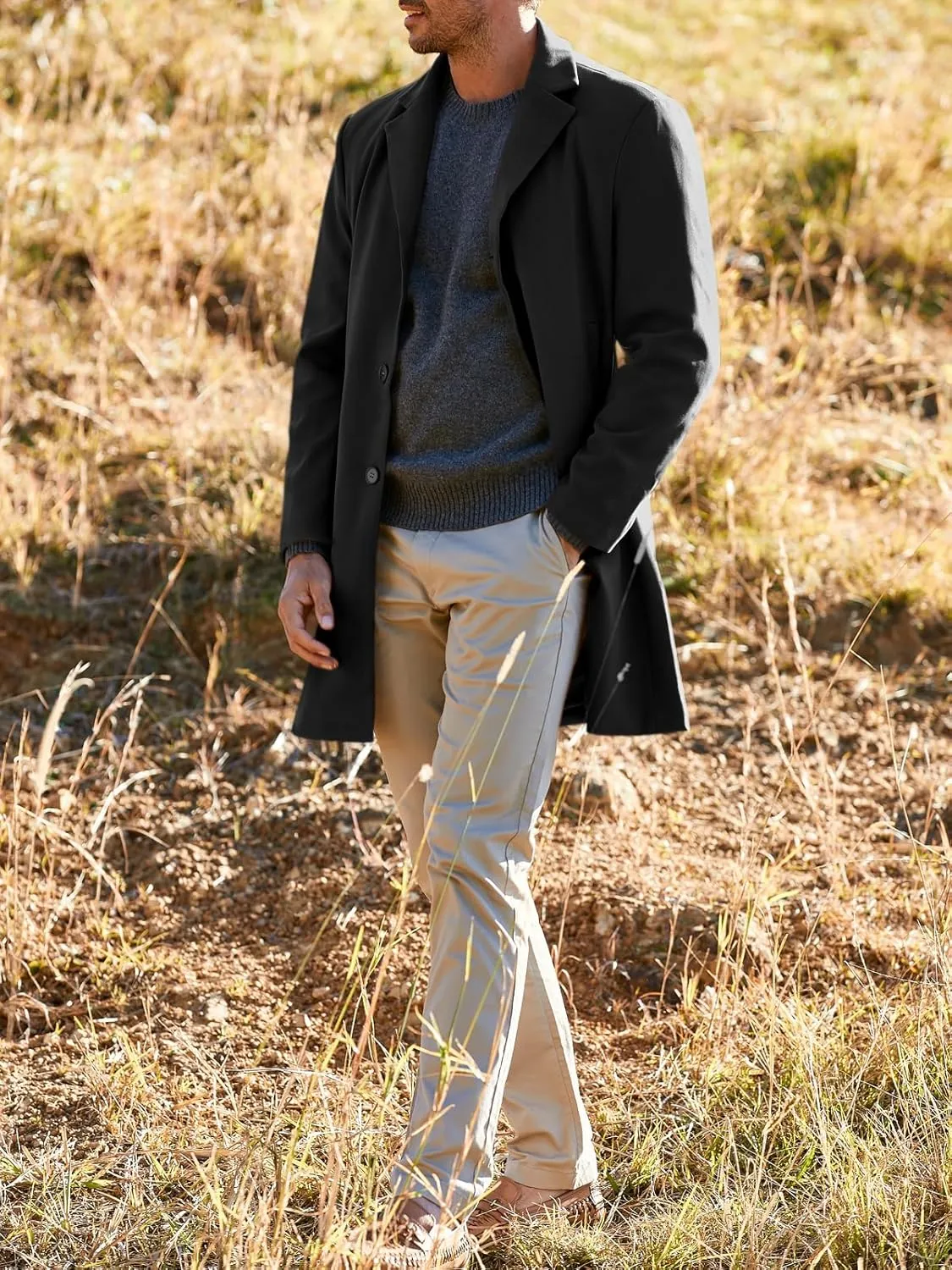 PASLTER Mens Trench Coat Slim Fit Notched Collar Fall Winter Single Breasted Pea Coat Warm Soft Overcoat