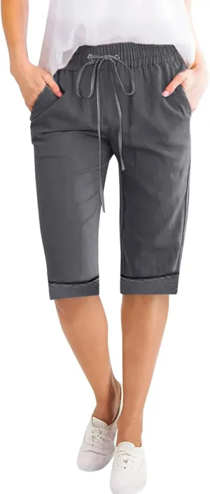 Petite to Bermuda Shorts for Women Knee Length Cotton Linen Shorts Casual Summer Baggy Dressy Shorts with Pockets