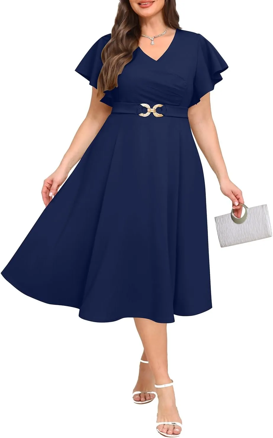 Pinup Fashion Women Plus Size Dresses for Wedding Guest - Cocktail Semi Formal A-Line Midi Dress with Pockets