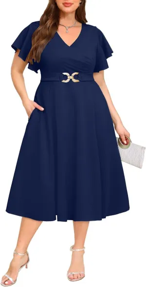 Pinup Fashion Women Plus Size Dresses for Wedding Guest - Cocktail Semi Formal A-Line Midi Dress with Pockets