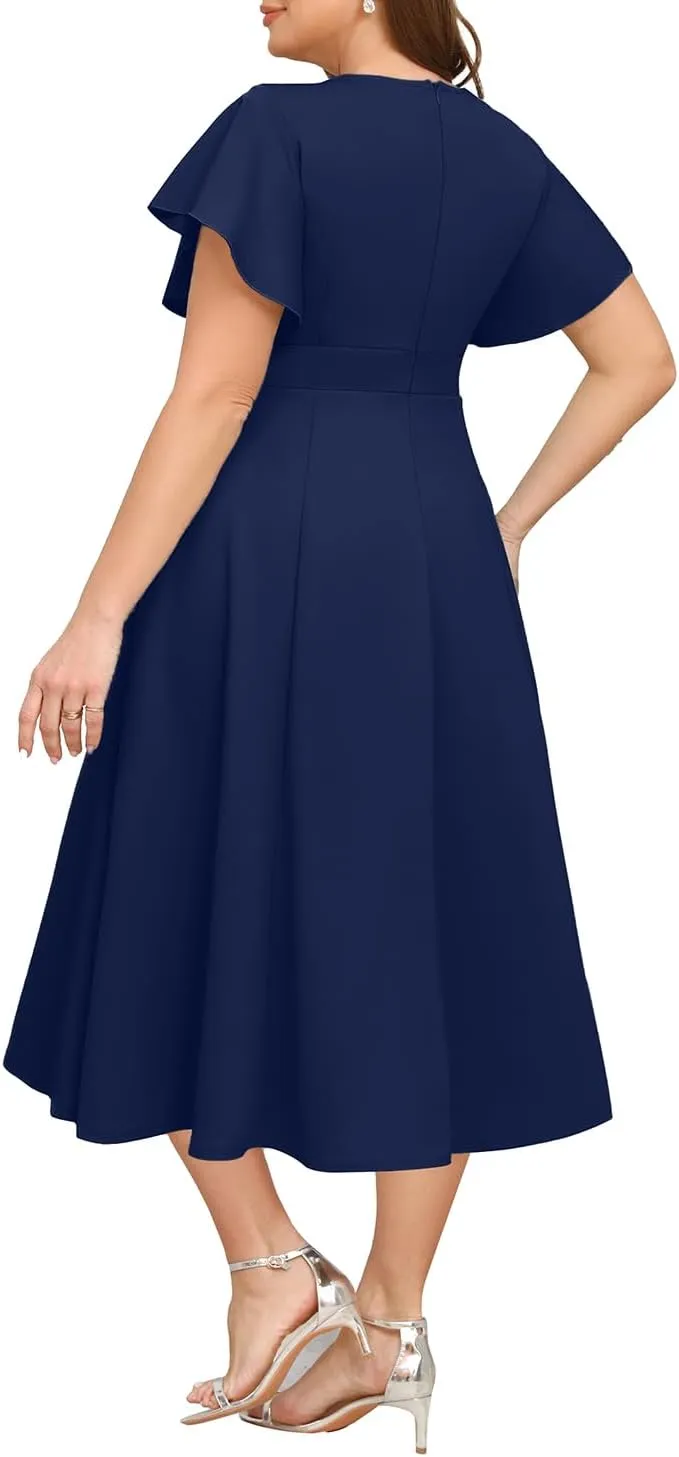 Pinup Fashion Women Plus Size Dresses for Wedding Guest - Cocktail Semi Formal A-Line Midi Dress with Pockets