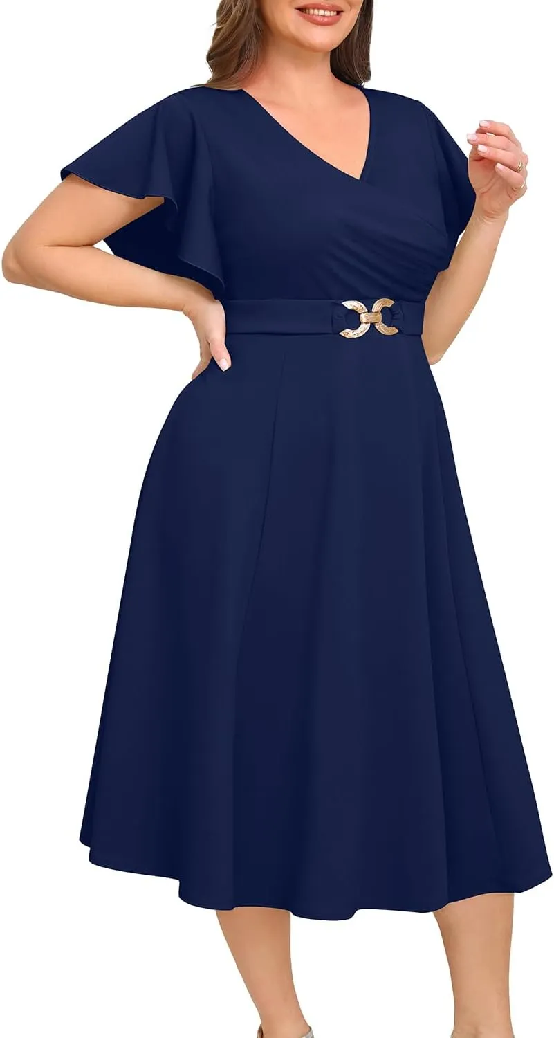 Pinup Fashion Women Plus Size Dresses for Wedding Guest - Cocktail Semi Formal A-Line Midi Dress with Pockets