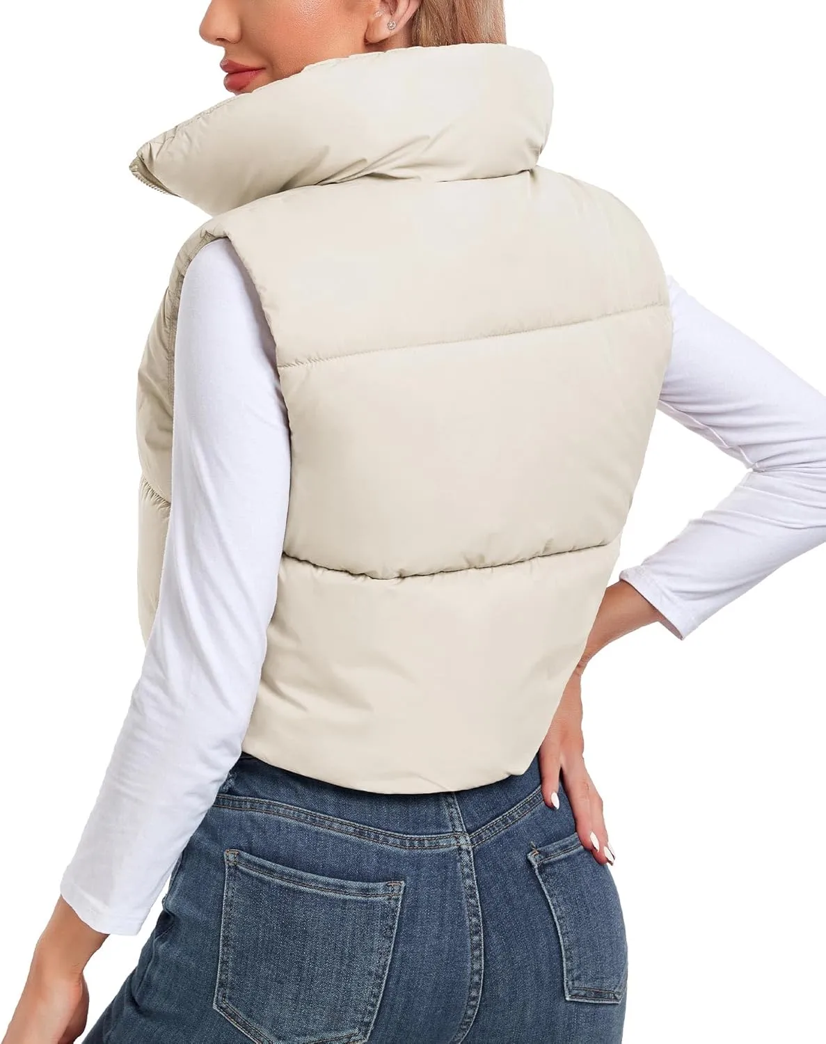 Polu Women's Cropped Puffer Vest Jacket Sleeveless Winter High Stand Collar Lightweight Vest for Women with Zip Gilet