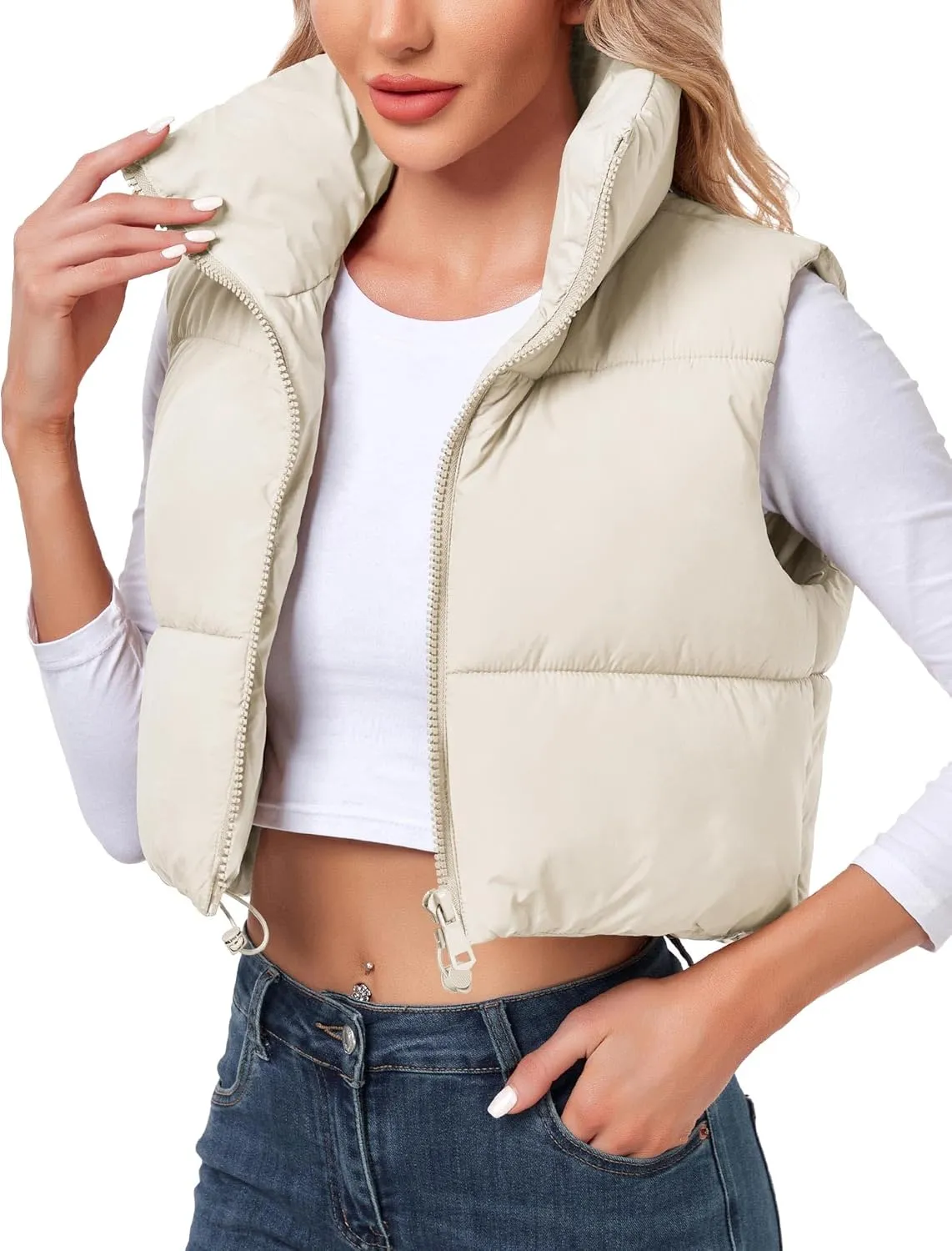 Polu Women's Cropped Puffer Vest Jacket Sleeveless Winter High Stand Collar Lightweight Vest for Women with Zip Gilet