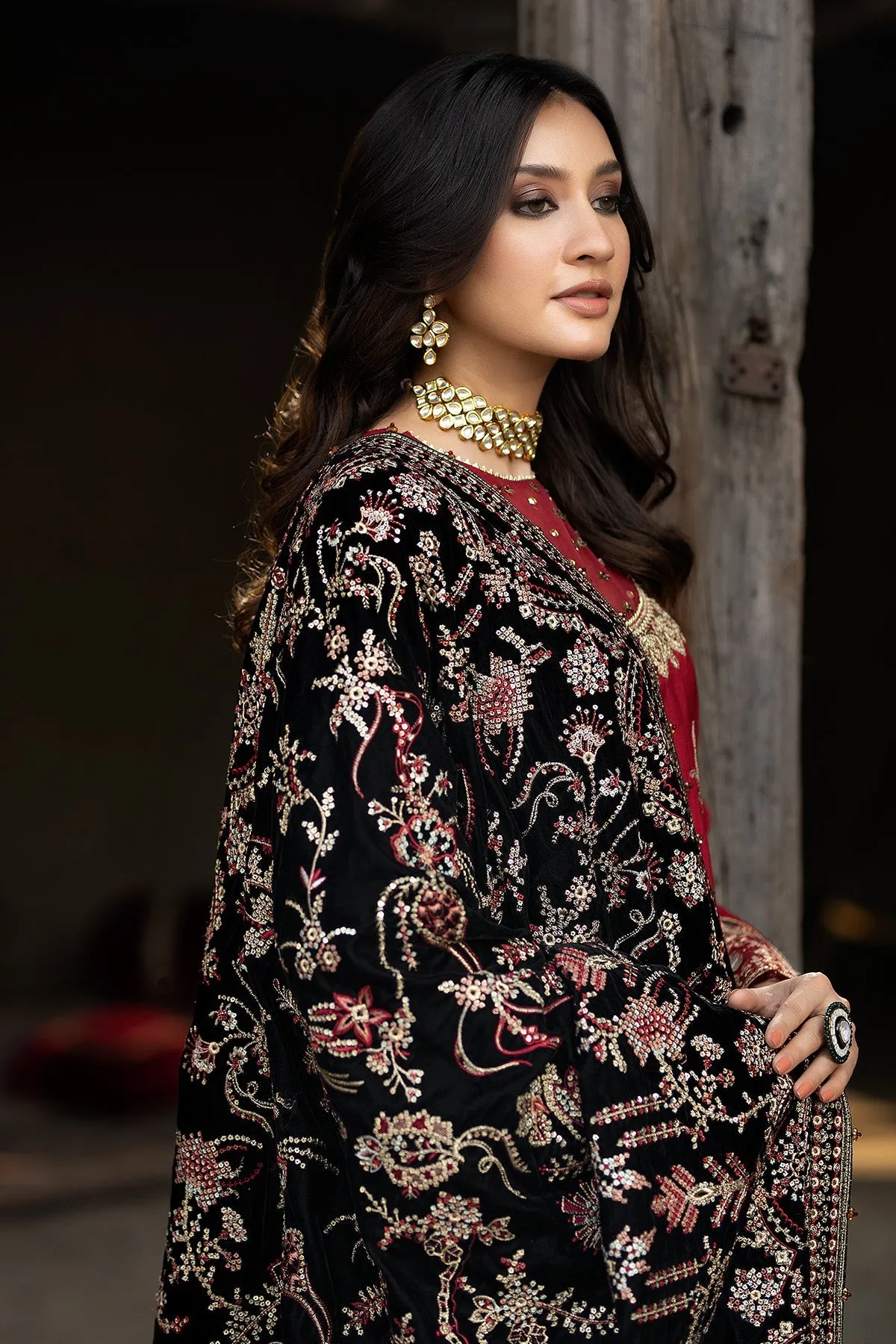 Red Luxury Embroidered Velvet Black Shawl Pakistani Wedding Dress