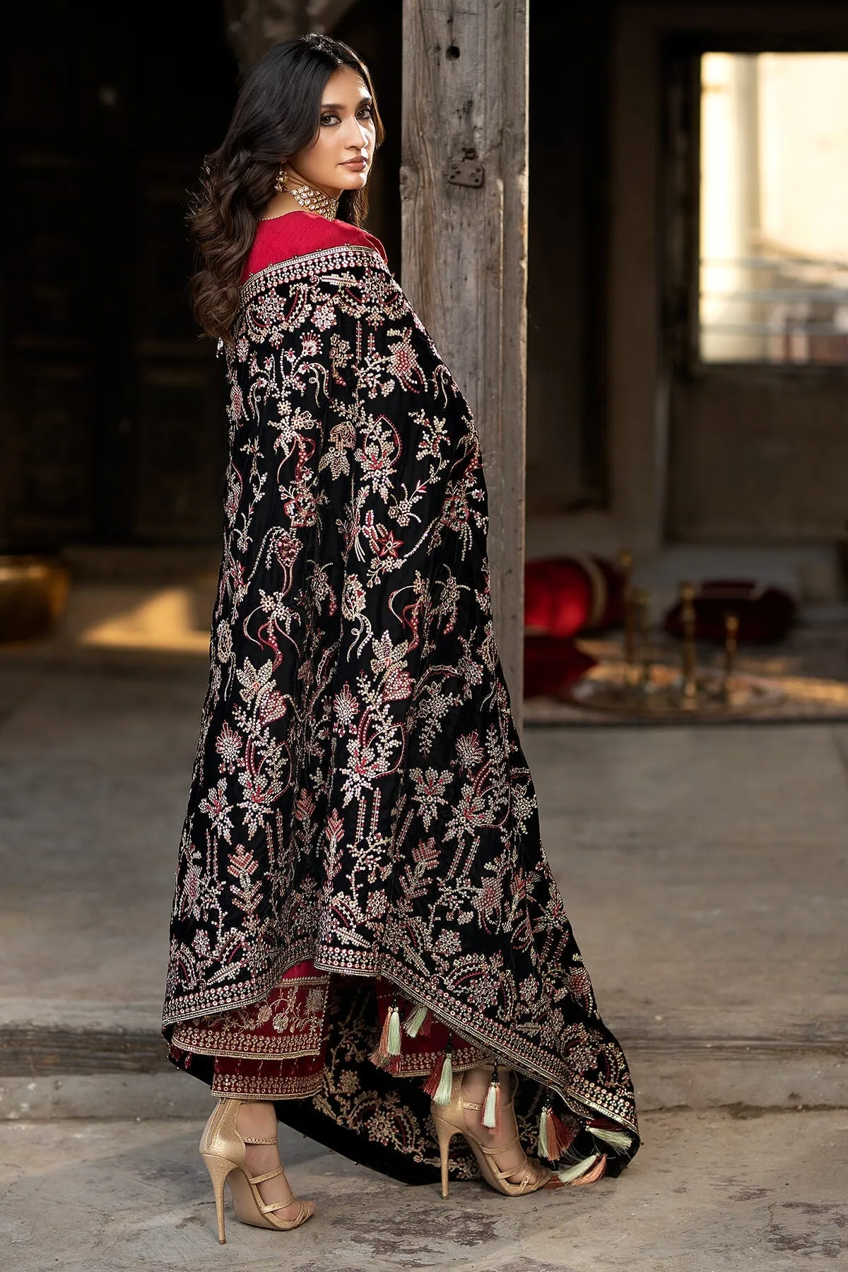 Red Luxury Embroidered Velvet Black Shawl Pakistani Wedding Dress