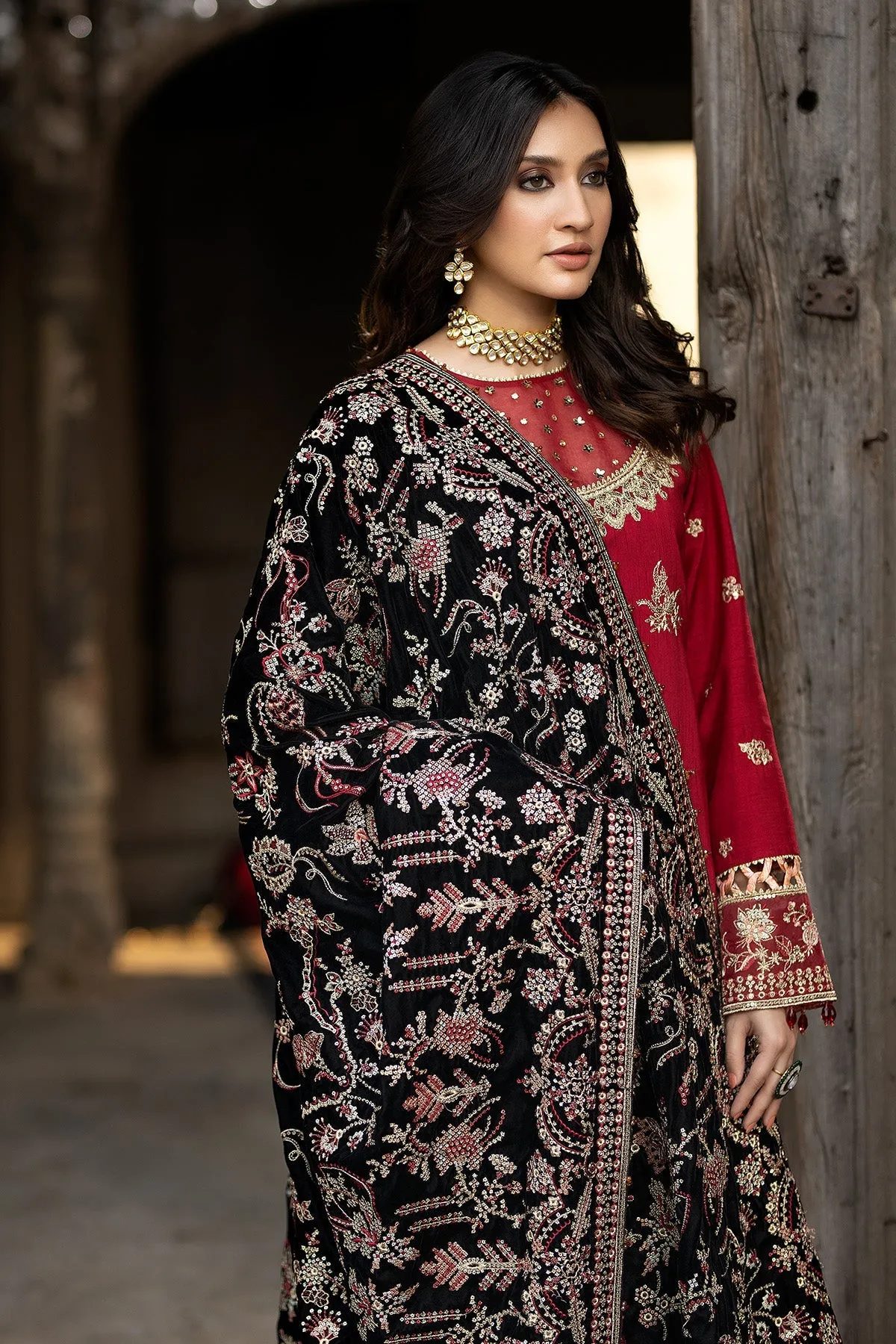 Red Luxury Embroidered Velvet Black Shawl Pakistani Wedding Dress