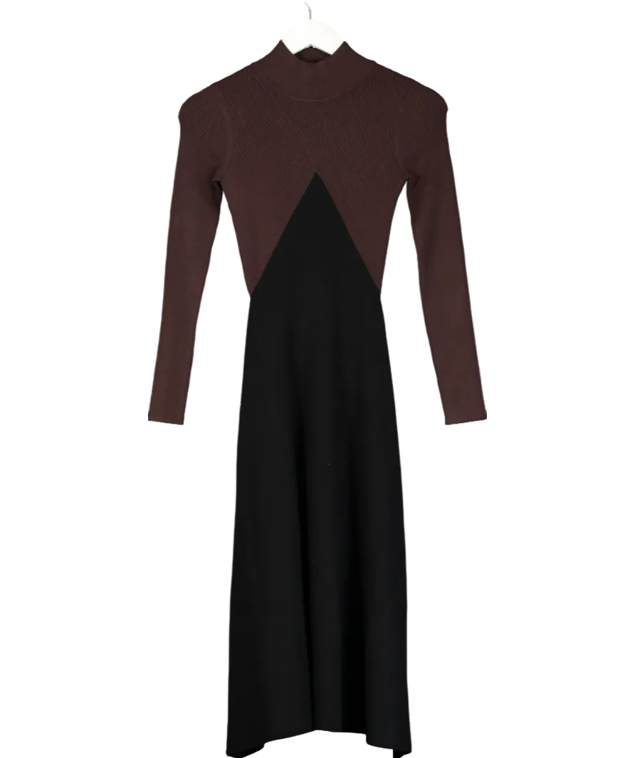 REISS Brown Hope Petite Colour Block Ribbed Midi Dress UK XS